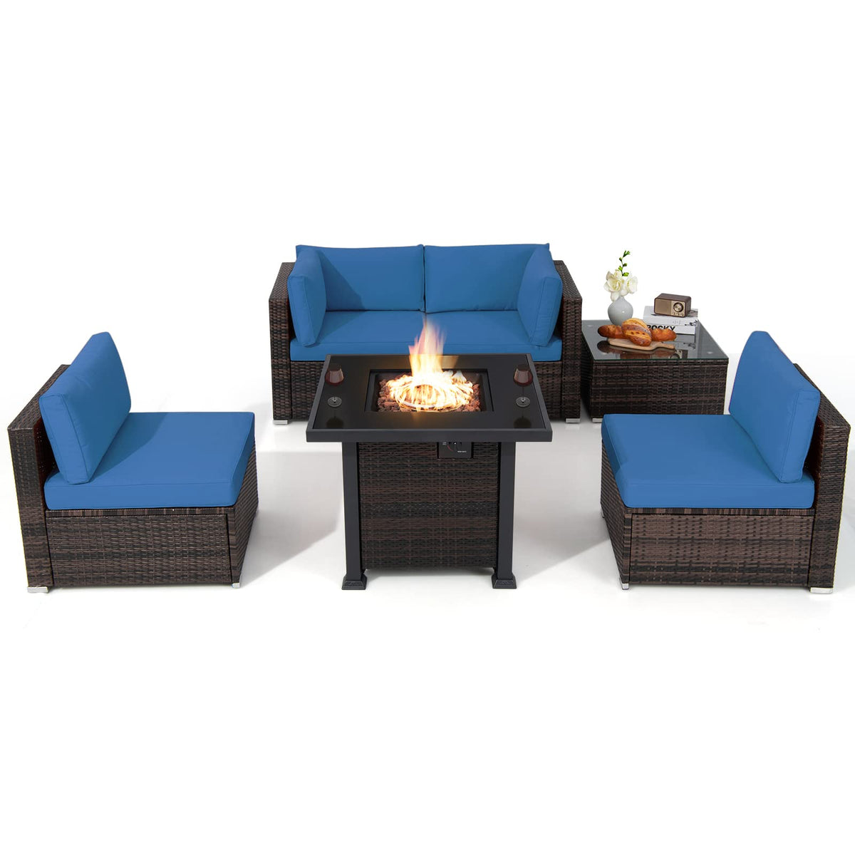 Tangkula 6 Piece Patio Wicker Conversation Set, Outdoor Rattan Sofa Set - NP10618CF+HW68691BDK+