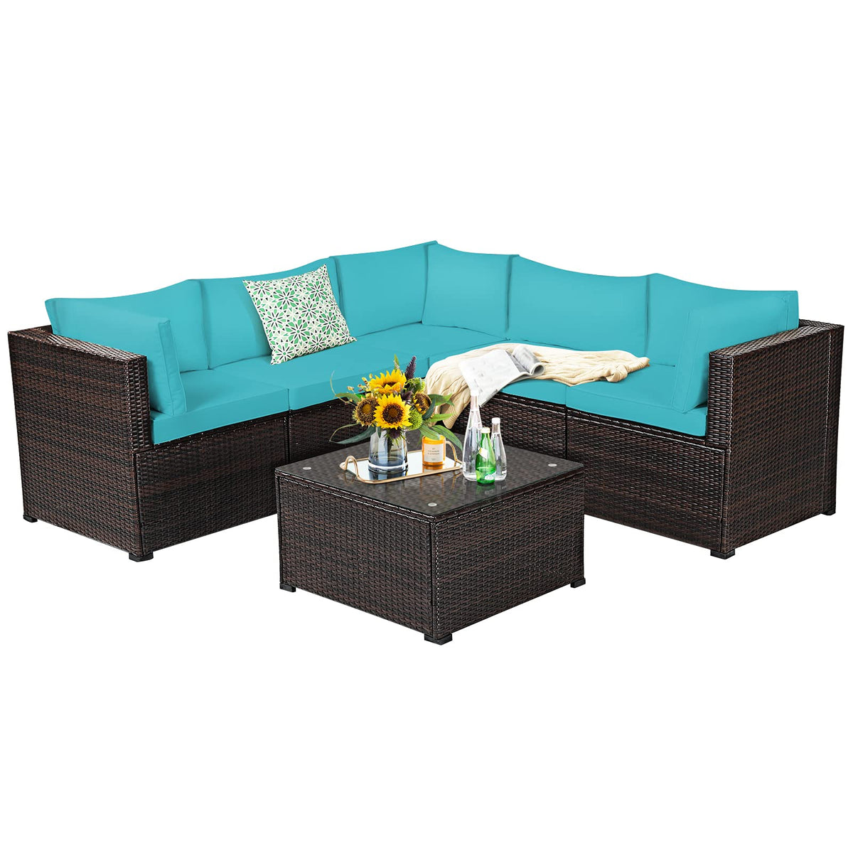 Tangkula 6 Pieces Patio Furniture Set, Outdoor Rattan Sofa Set, Wicker Conversation Set - HW68449WH+