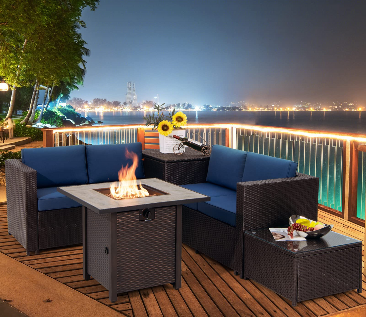 Tangkula 5-Piece Patio Furniture Set with 30 Inches Gas Fire Pit Table - OP70520+HW66714BTU+