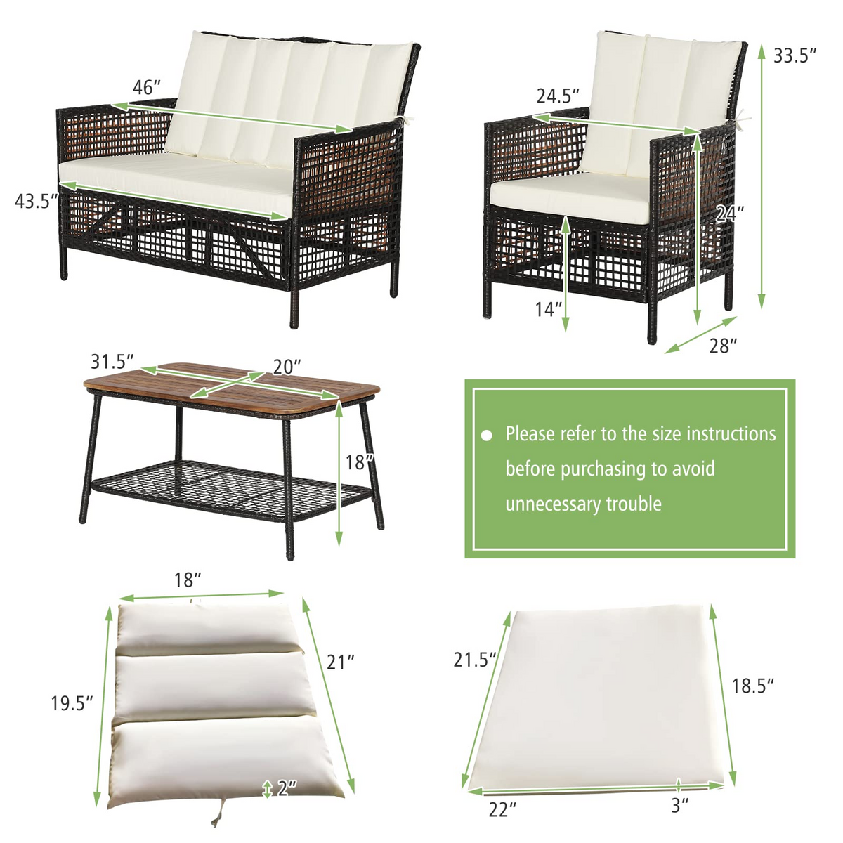 Tangkula Outdoor PE Wicker Conversation Set with 2-Tier Coffee Table - HW70242WH+