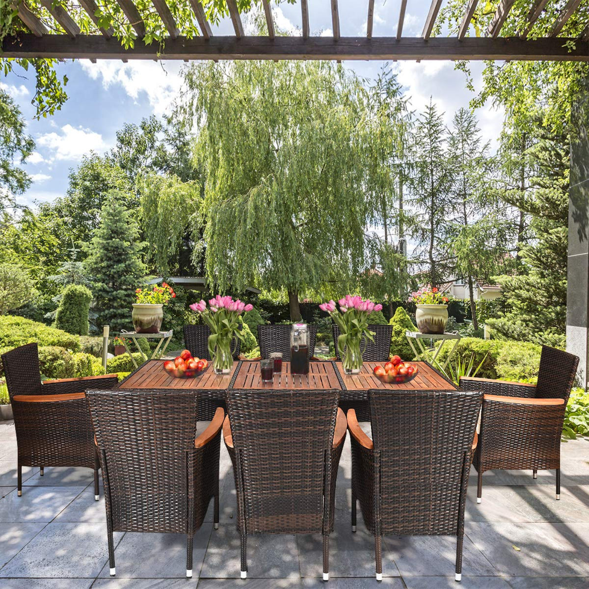 Tangkula 9 Piece Outdoor Dining Set, Garden Patio Wicker Set w/Cushions - HW63205+