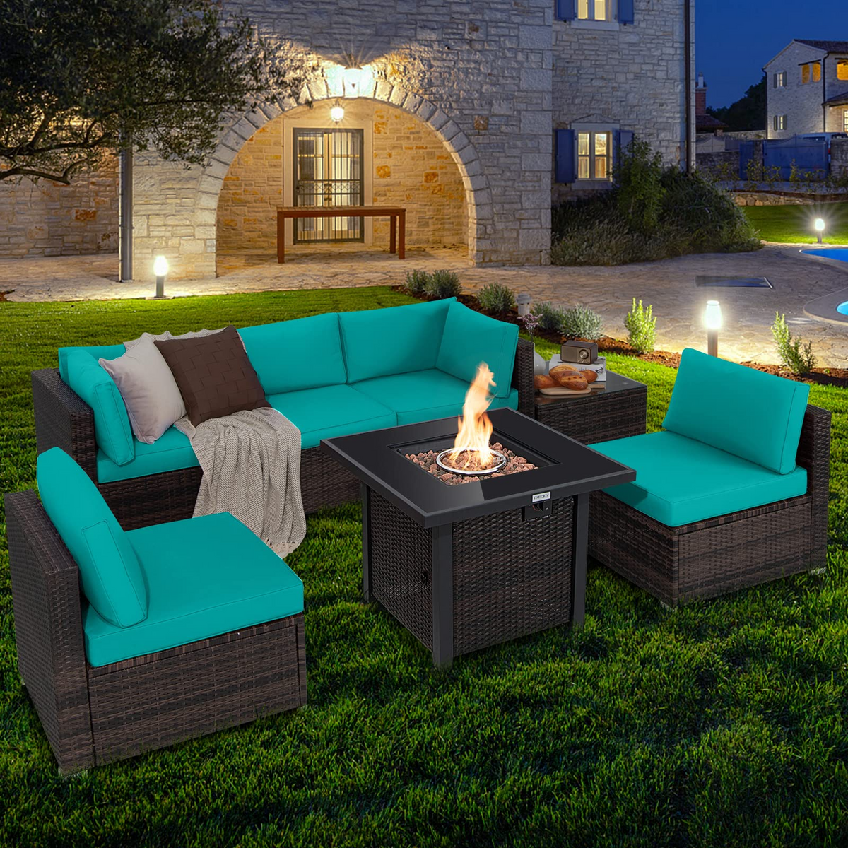 Tangkula 7 Pieces Patio Furniture Set with Fire Pit Table - NP10618CF+HW67937NYA+