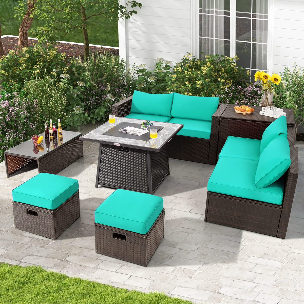 Tangkula 9 Pieces Outdoor Patio Furniture Set with 35-Inch Propane Fire Pit Table - NP10262DK+HW68592DK+