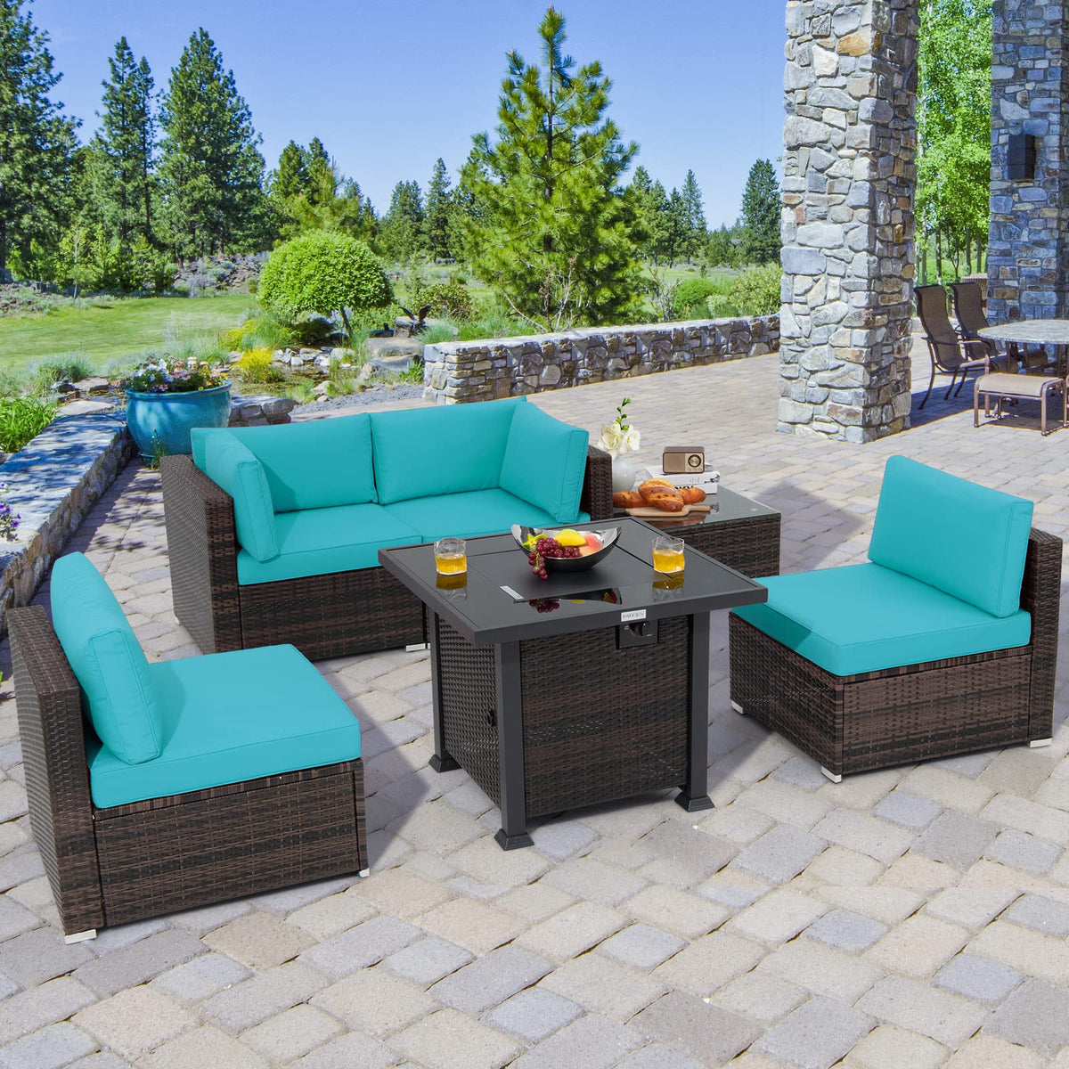 Tangkula 6 Piece Patio Wicker Conversation Set, Outdoor Rattan Sofa Set - NP10618CF+HW68691BDK+
