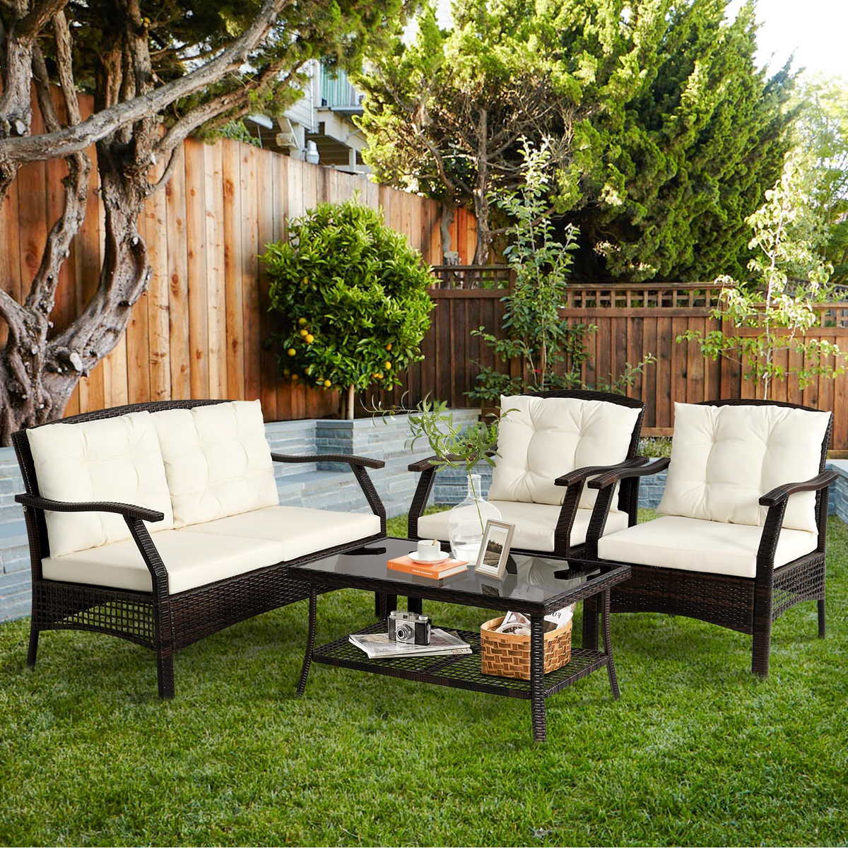 Tangkula Outdoor Rattan Furniture Set, Patiojoy Outdoor Wicker Sofa Set - 2*HW69353+