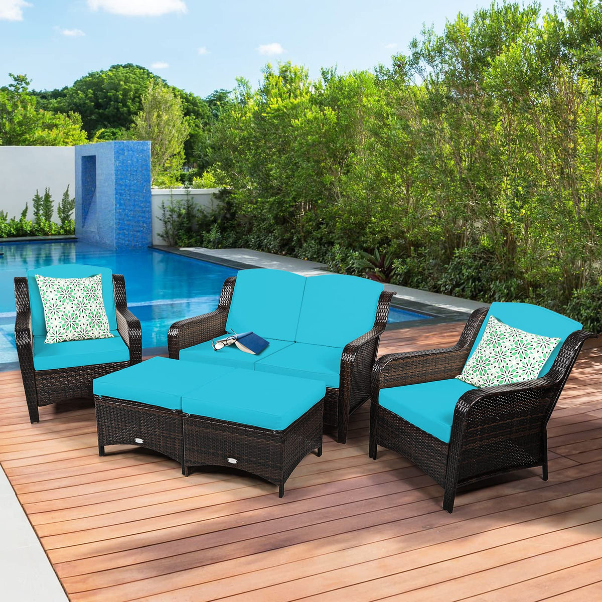Tangkula 5 Pieces Patio Furniture Set, Outdoor Rattan Conversation Sofa Set with Loveseat - HW67702TU+