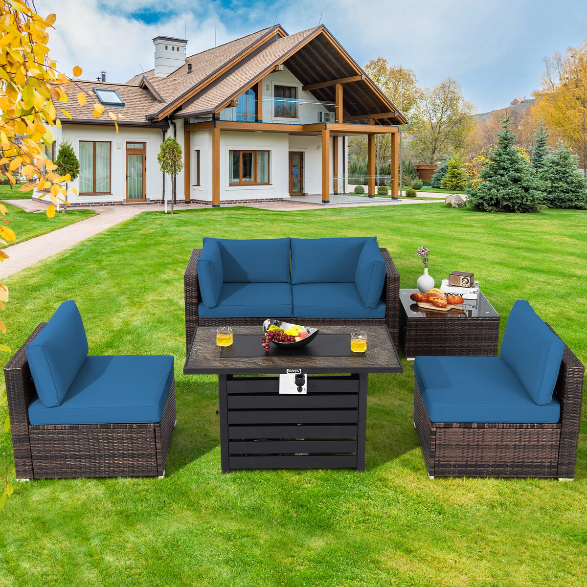Tangkula 6-Piece Patio Furniture Set with 42 Inches Propane Fire Pit Table - NP10461+HW68691BDK+