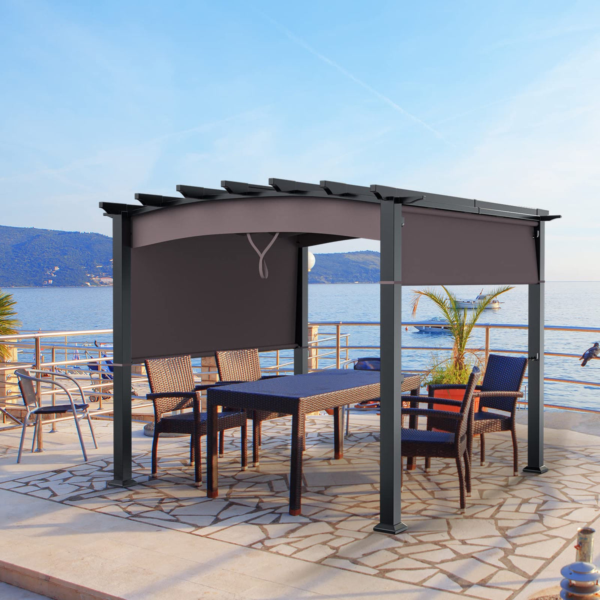 Tangkula 10ft x 10ft Outdoor Retractable Pergola, Patio Metal Pergola with Adjustable Sliding Sun Shade Canopy - NP10096WL-CF