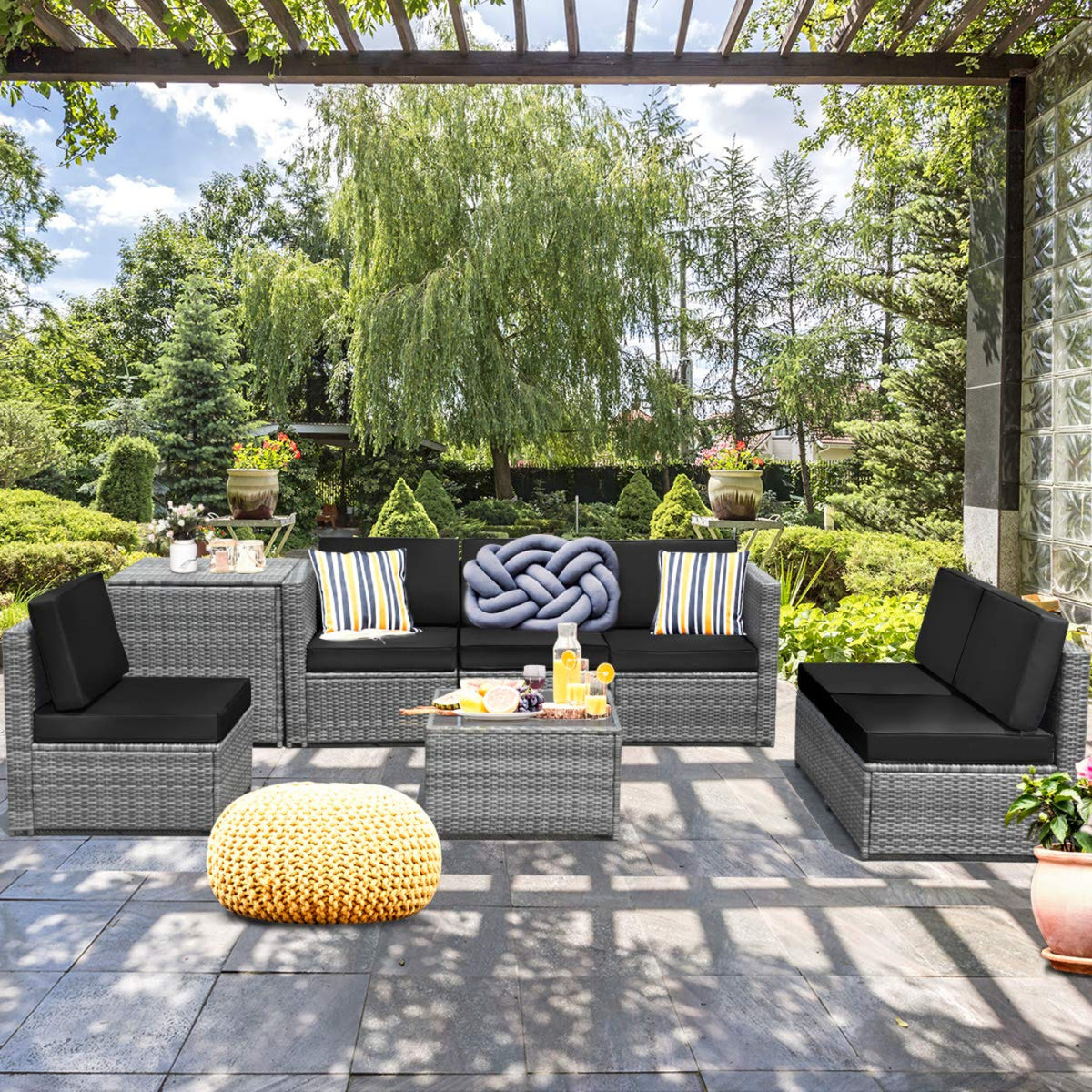 Tangkula 8 PCS Outdoor Patio Furniture Set, Rattan Wicker Sofa Set - HW65782BK+