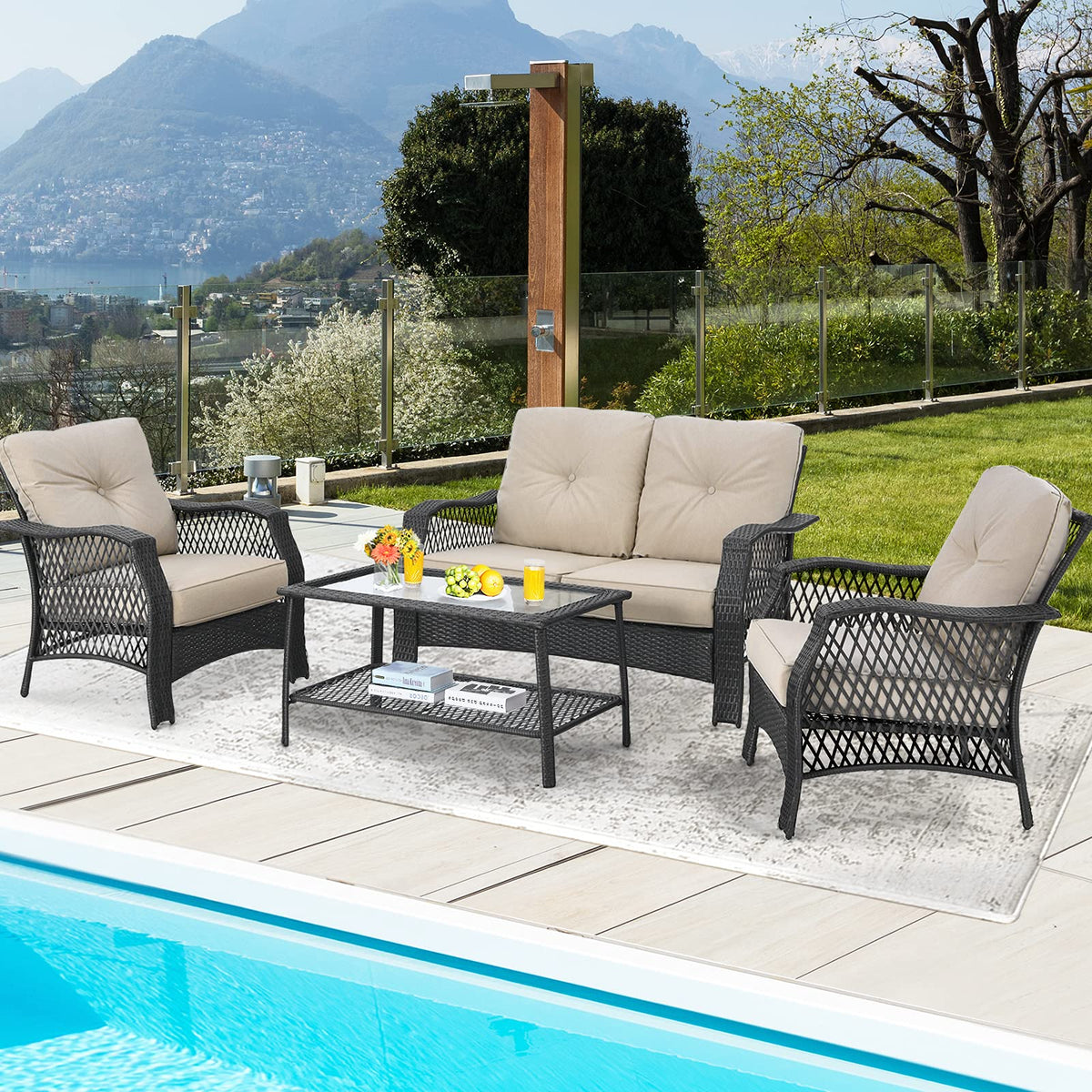 Tangkula 4 Pieces Outdoor Patio Furniture Set, Patiojoy PE Wicker Conversation Sofa Set with Tempered Glass Coffee Table - NP10087WL-BE