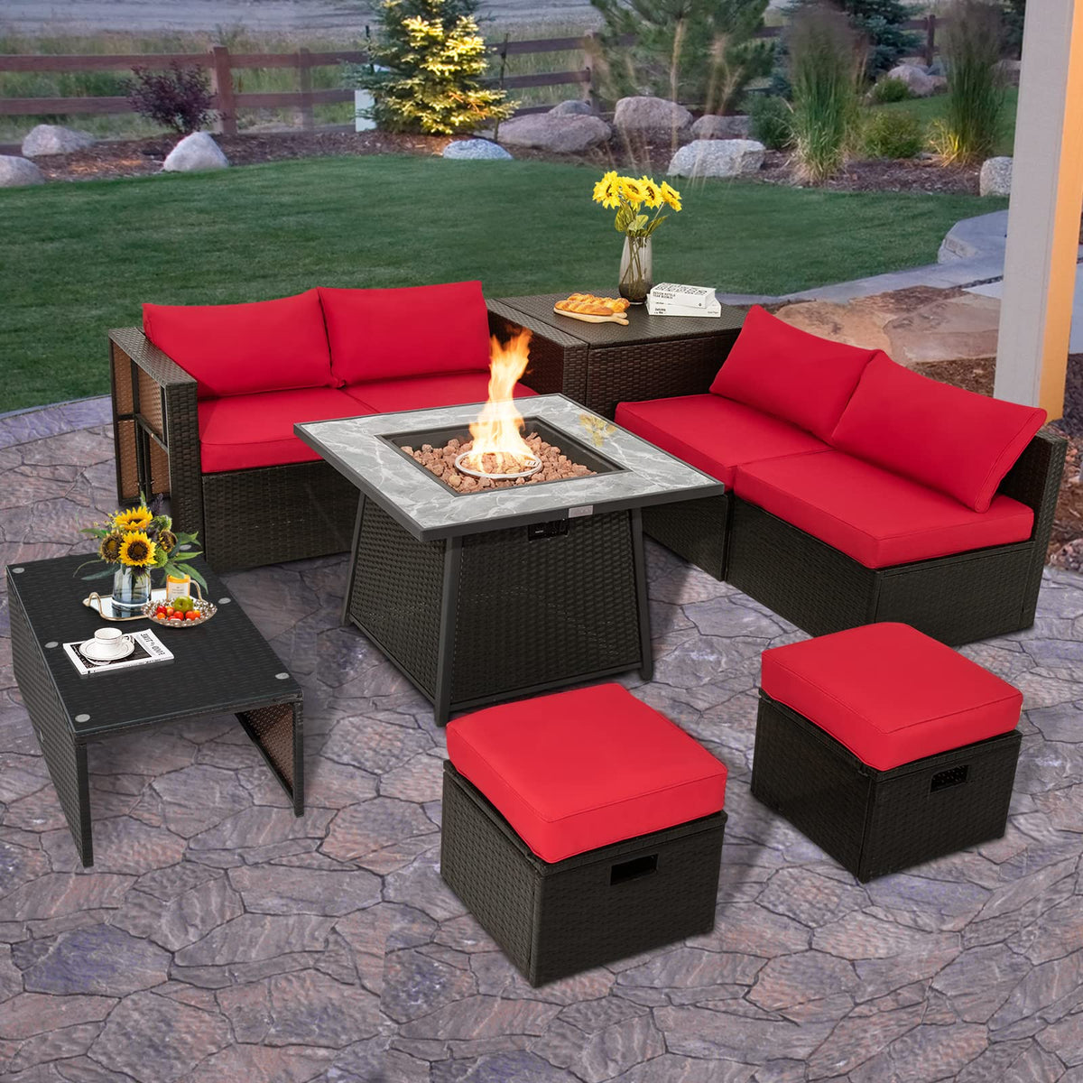 Tangkula 9 Pieces Outdoor Patio Furniture Set with 35-Inch Propane Fire Pit Table - NP10262DK+HW68592DK+