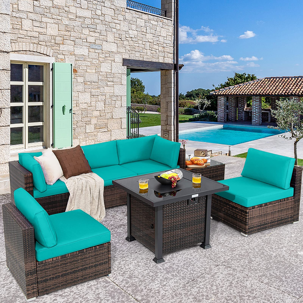 Tangkula 7 Pieces Patio Furniture Set with Fire Pit Table - NP10618CF+HW67937NYA+
