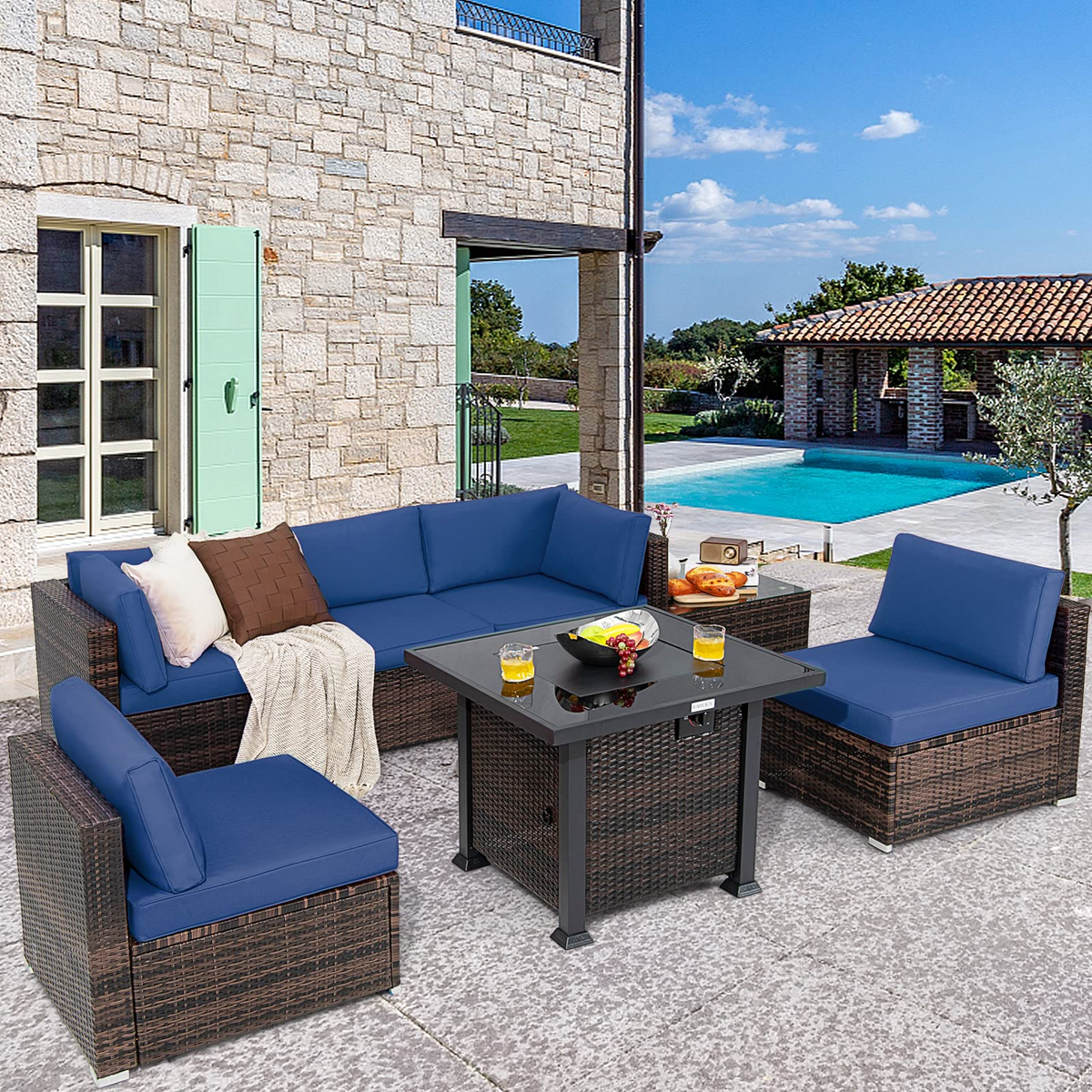 Tangkula 7 Pieces Patio Furniture Set with Fire Pit Table - NP10618CF+HW67937NYA+