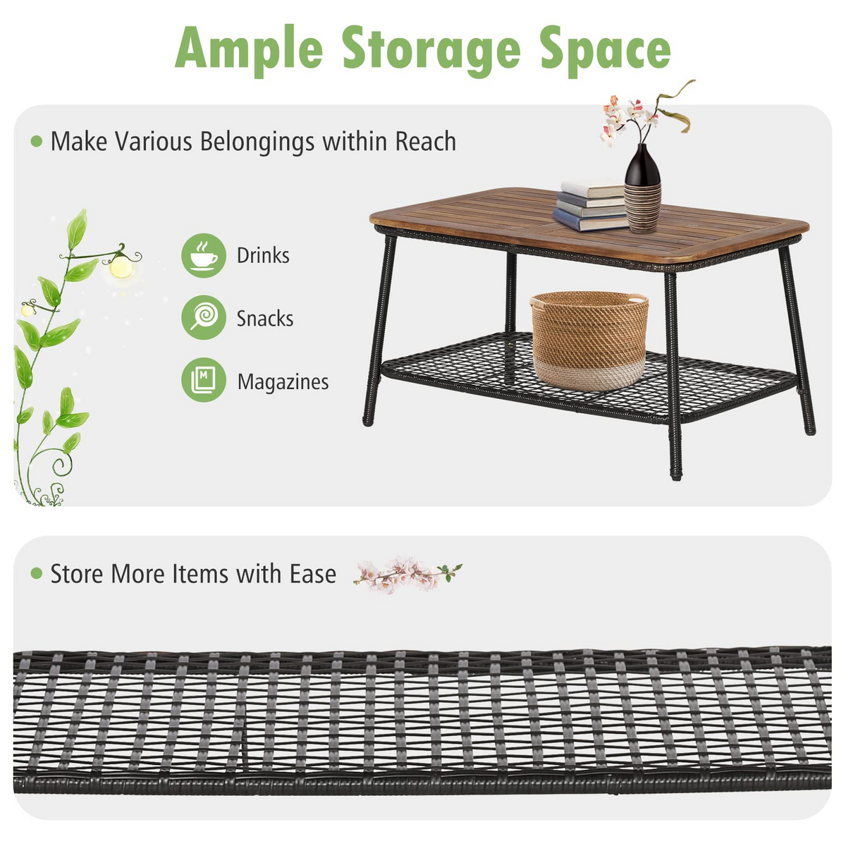 Tangkula Outdoor PE Wicker Conversation Set with 2-Tier Coffee Table - HW70242WH+