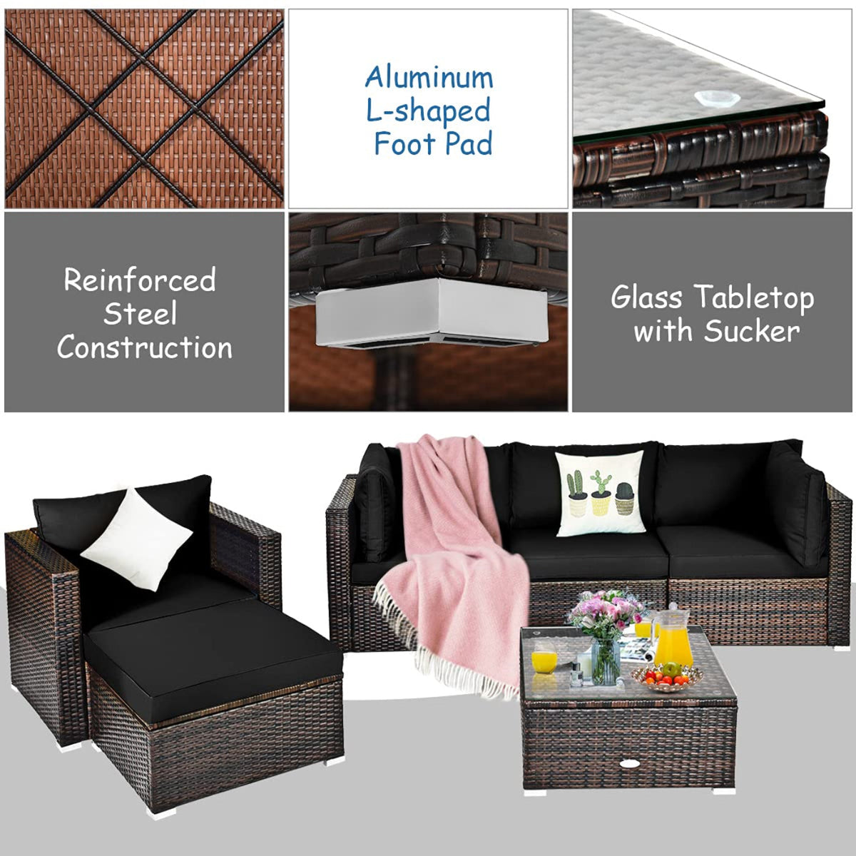 Tangkula 6 Pieces Patio Rattan Sectional Furniture Set, Outdoor Wicker Conversation Set with Glass Coffee Table Sofa Ottoman - HW63877BK+