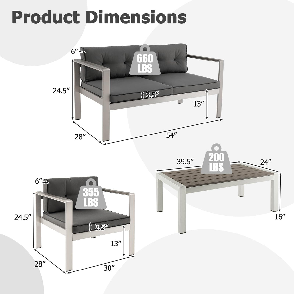 Tangkula 4 Piece Patio Aluminum Sofa Set, Contemporary Sofas & Coffee Table - 2*NP11317GR+NP11318GR+NP11319GR