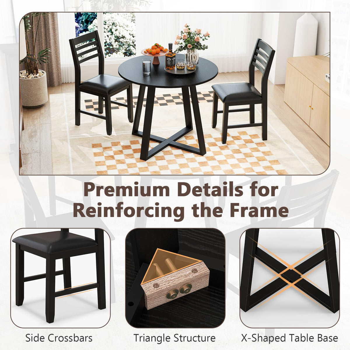 Tangkula Round Dining Table Set , Dinette Set with Table and Padded PU Chairs - KC57274BK+KC57108BK