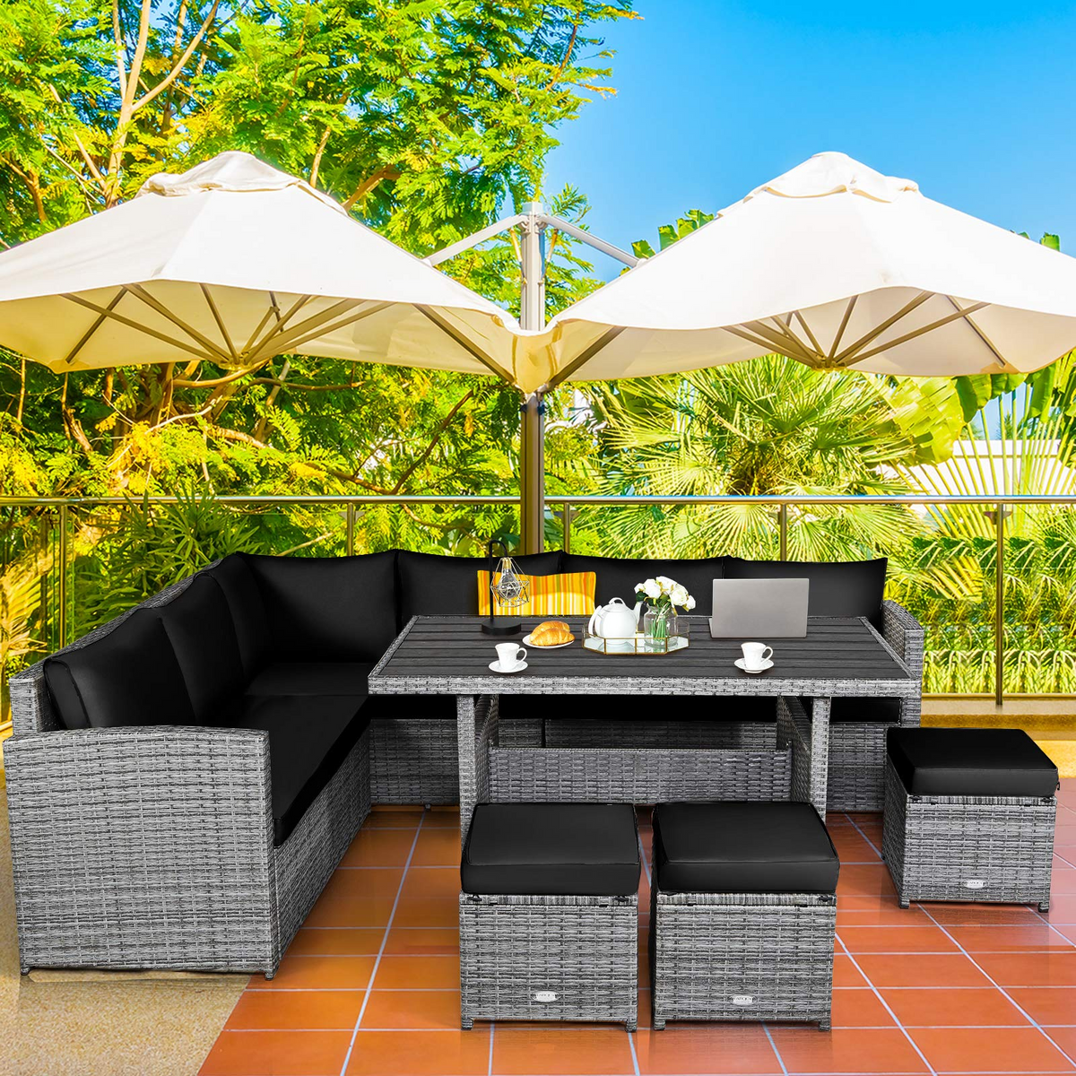 Tangkula 7 Pieces Patio Furniture Set, Outdoor Sectional Rattan Sofa Set with Cushions - HW67190BK+