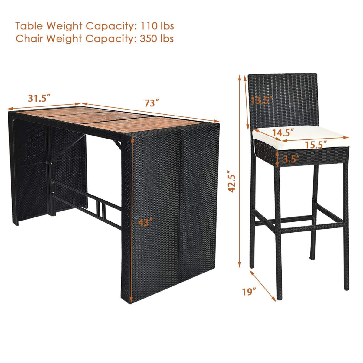 Tangkula 7 Pieces Outdoor Wicker Bar Set, Rattan Dining Set - HW63219+