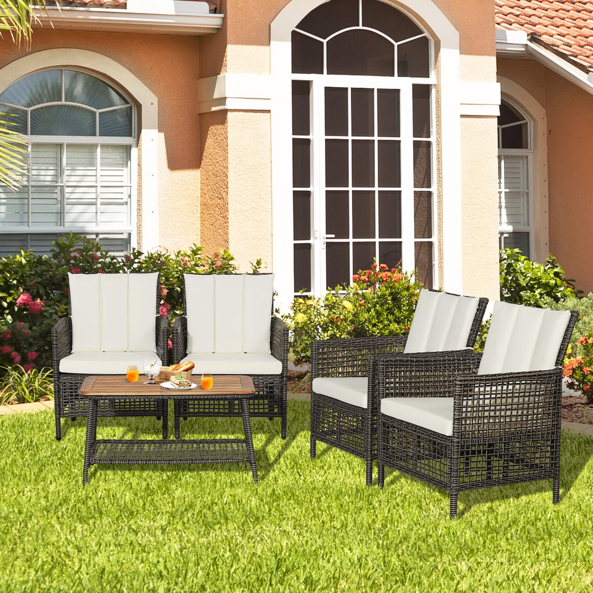 Tangkula Patio Furniture Set with 2-Tier Coffee Table - 2*HW70243WH+