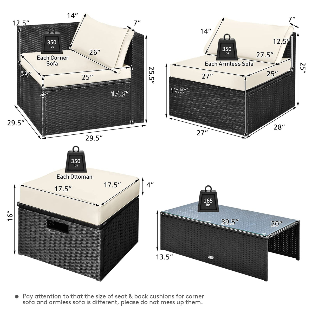 Tangkula 8-Piece Patio Furniture Set with Cover, 2 Ottomans, 2 Armless Sofas & Corner Sofas - HW68605WH+