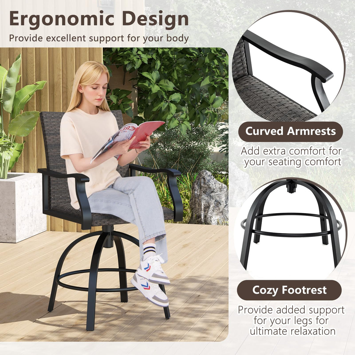 Tangkula 3 Pieces Wicker Patio Swivel Bar Set - NP12166DK+