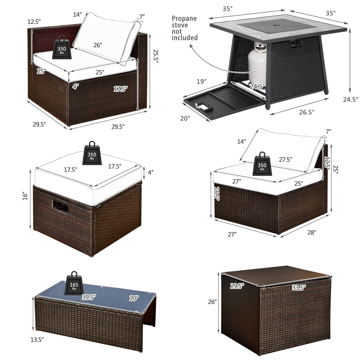 Tangkula 9 Pieces Outdoor Patio Furniture Set with 35-Inch Propane Fire Pit Table - NP10262DK+HW68592DK+