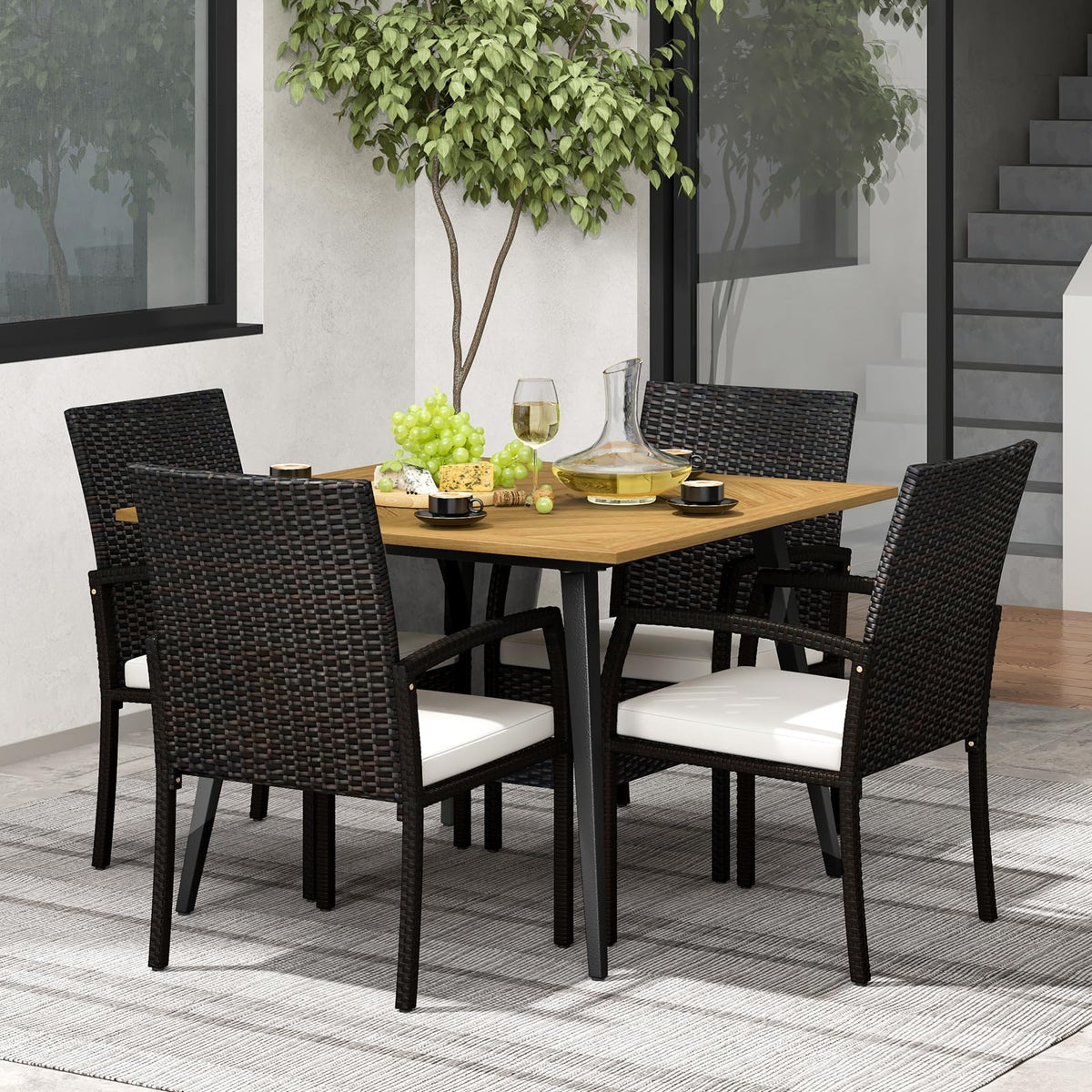 Tangkula 5 Pieces Patio PE Wicker Dining Set, Outdoor Dining Table and Chairs with Cushions - HW71589+HW70830-4