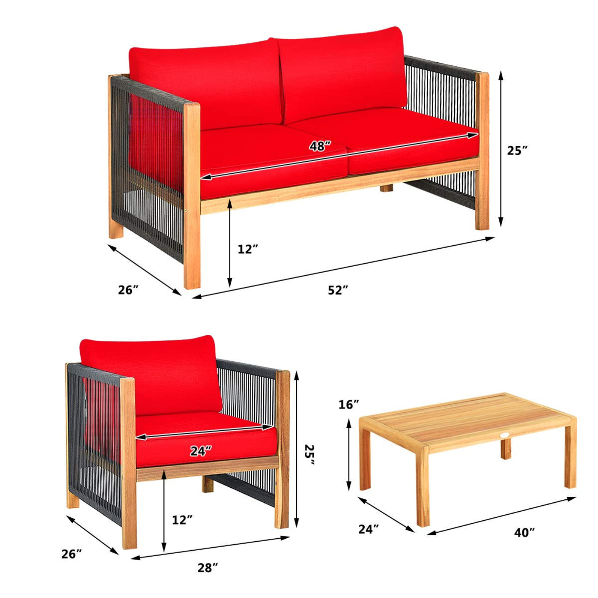 Tangkula Outdoor Wood Furniture Set, Acacia Wood Frame Loveseat Sofa, 2 Single Chairs and Coffee Table - HW63868RE