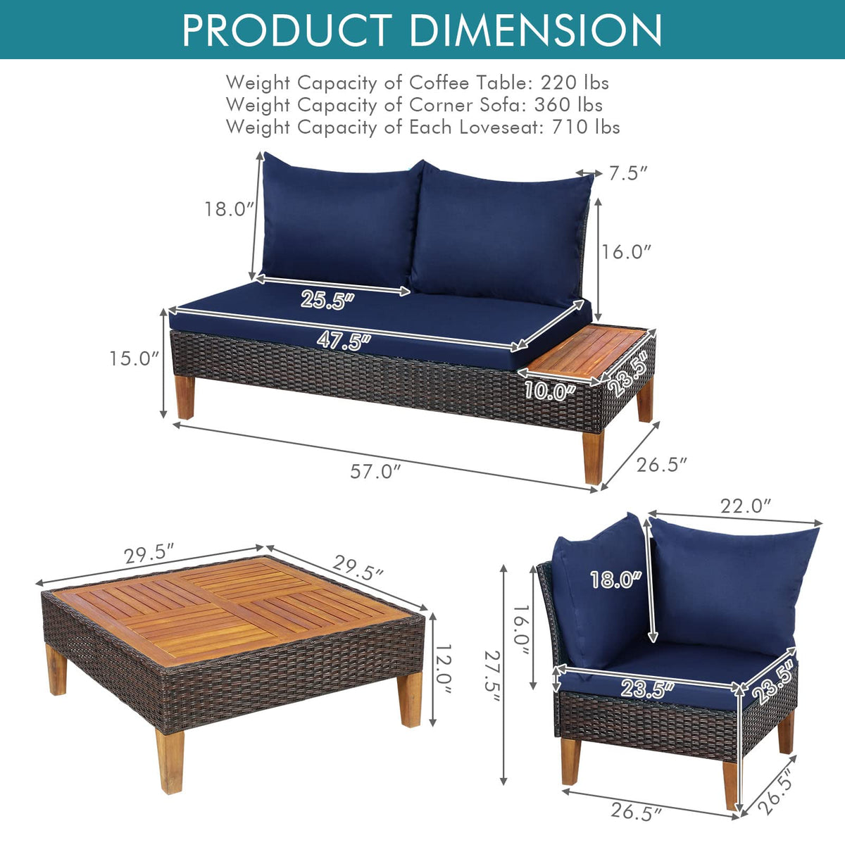 4 Pieces Acacia Wood Patio Conversation Set, Sofa Set with Coffee Table, Corner Sofa & 2 Loveseats - HW69380NY+