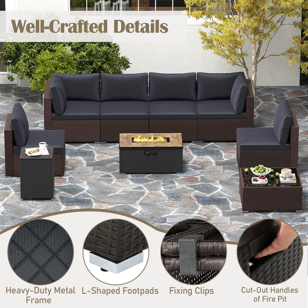Tangkula 12 Pieces Patio Furniture Set with 32” Fire Pit Table and Propane Tank Cover - NP10261BK+HW71507DKA+