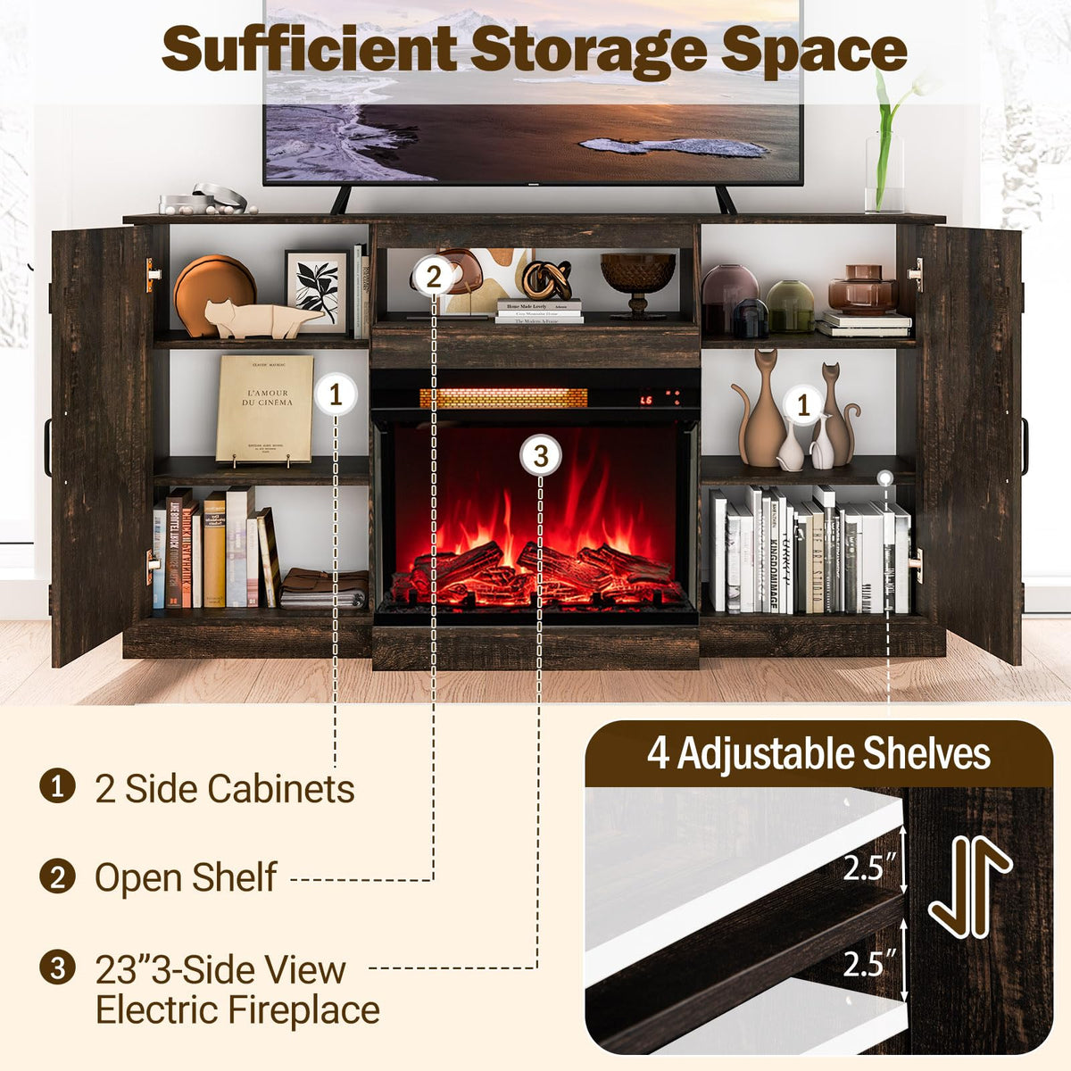 Tangkula 58” Fireplace TV Stand with 23” 3-Side Glass Electric Fireplace - HV10482CF+FP10806US-BK