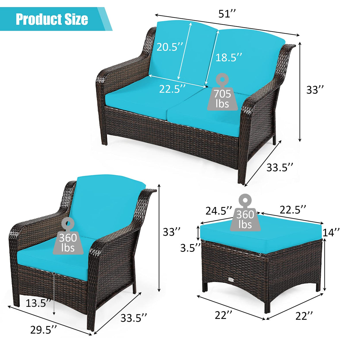 Tangkula 5 Pieces Patio Furniture Set, Outdoor Rattan Conversation Sofa Set with Loveseat - HW67702TU+
