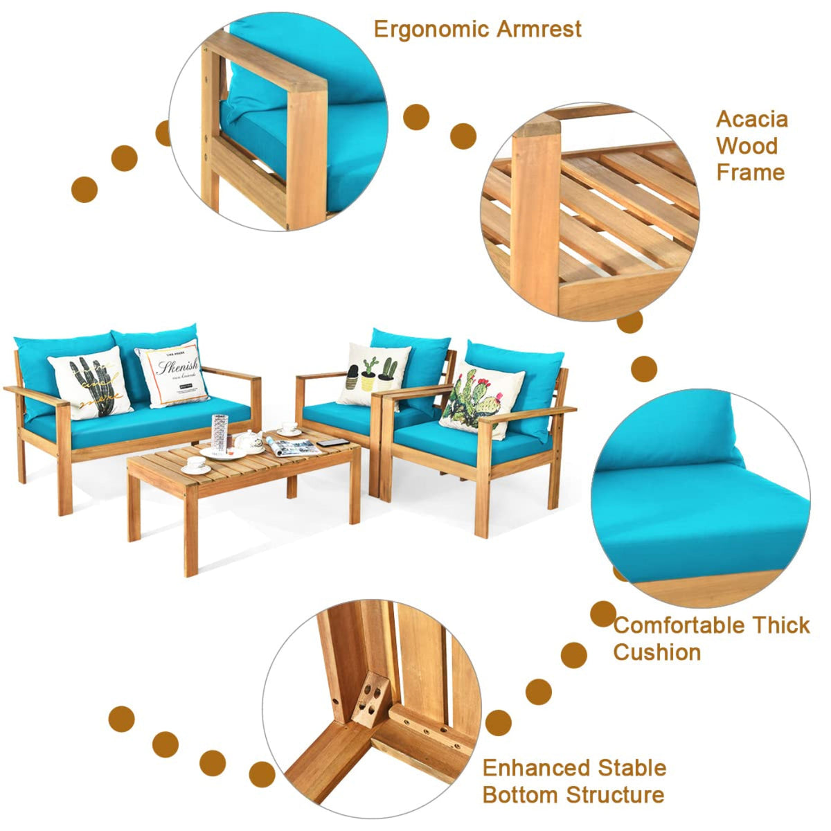Tangkula Outdoor 4-Piece Acacia Wood Chat Set - HW64146WH-C+HW64146TU+
