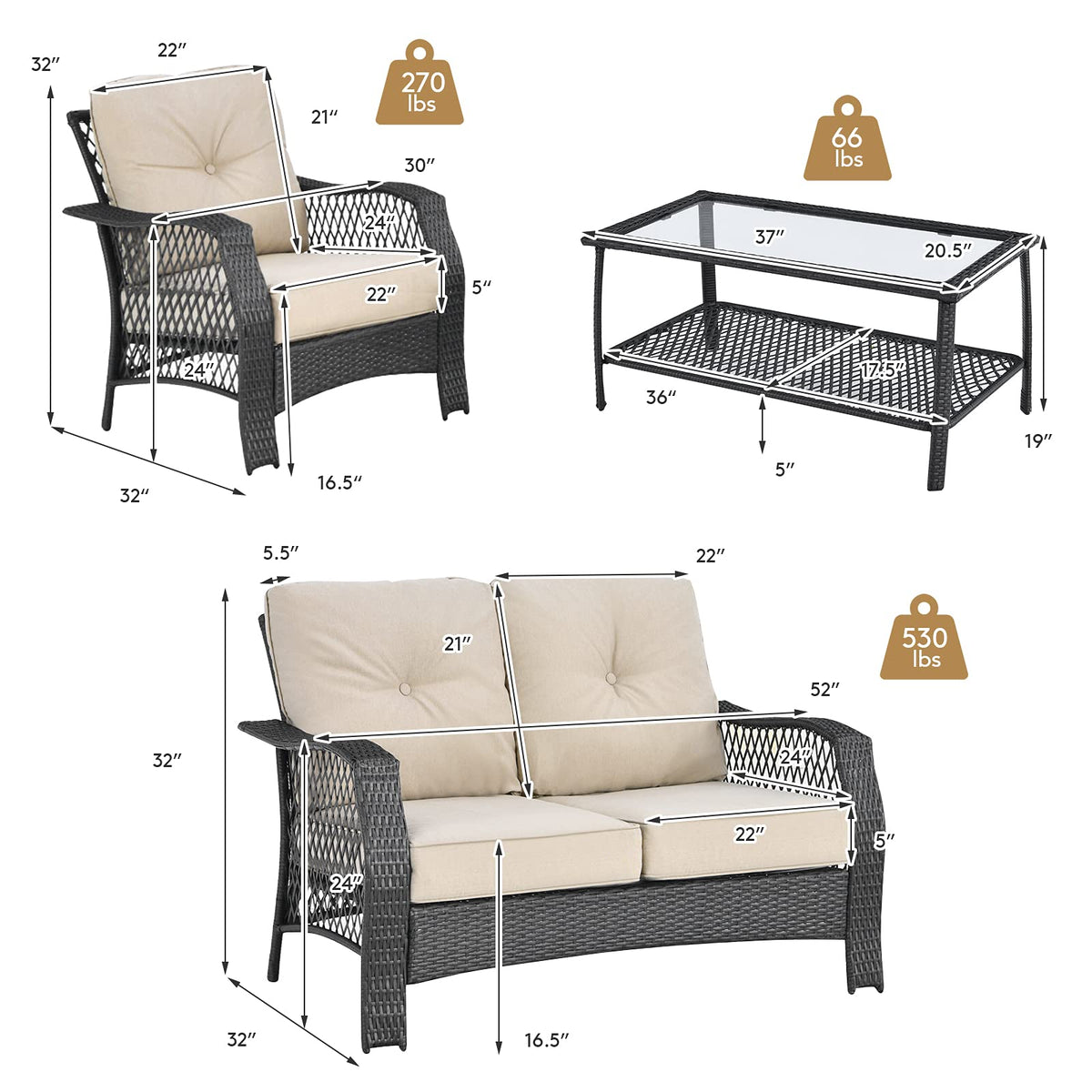 Tangkula 4 Pieces Outdoor Patio Furniture Set, Patiojoy PE Wicker Conversation Sofa Set with Tempered Glass Coffee Table - NP10087WL-BE