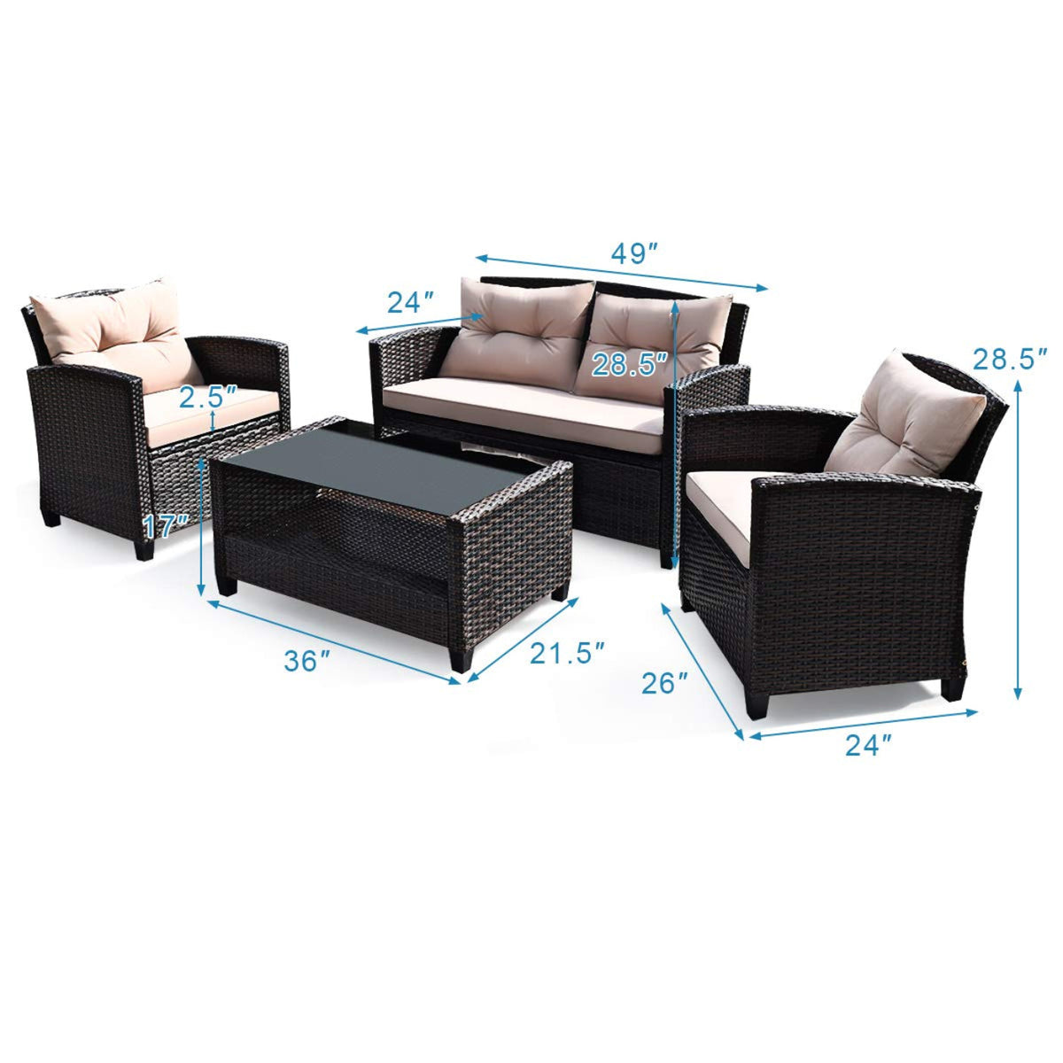 Tangkula 4-Piece Patio Furniture Set, Rattan Wicker Chair Set with 1 Loveseat, 2 Single Sofas - HW63217+