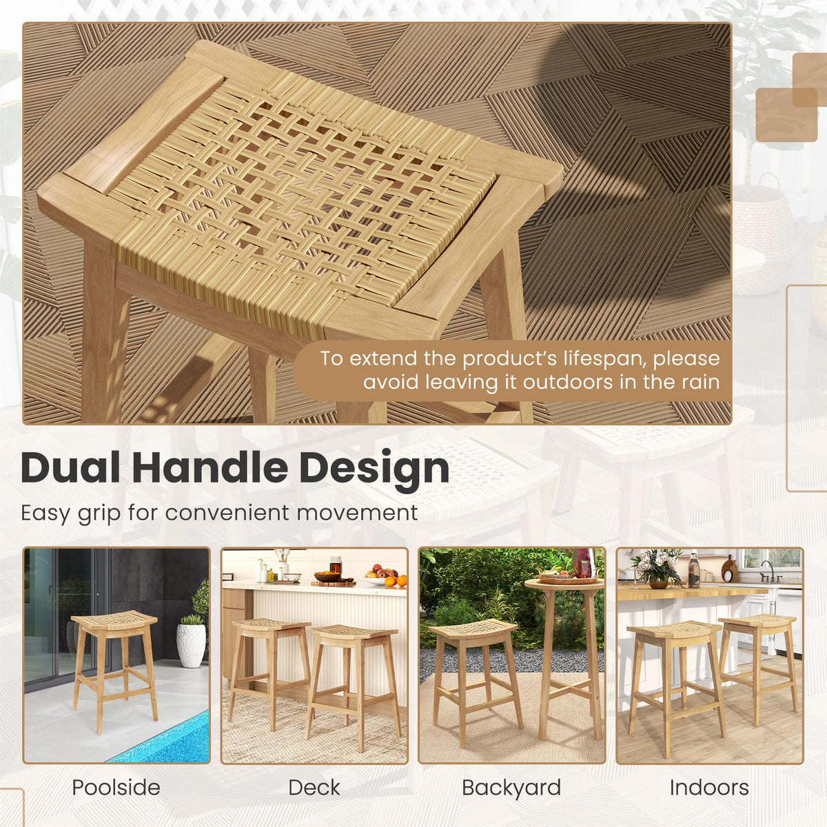 Tangkula Teak Wood Bar Stool, 29” Patio Rattan Barstool with Footrest & Saddle Seat - JV11905