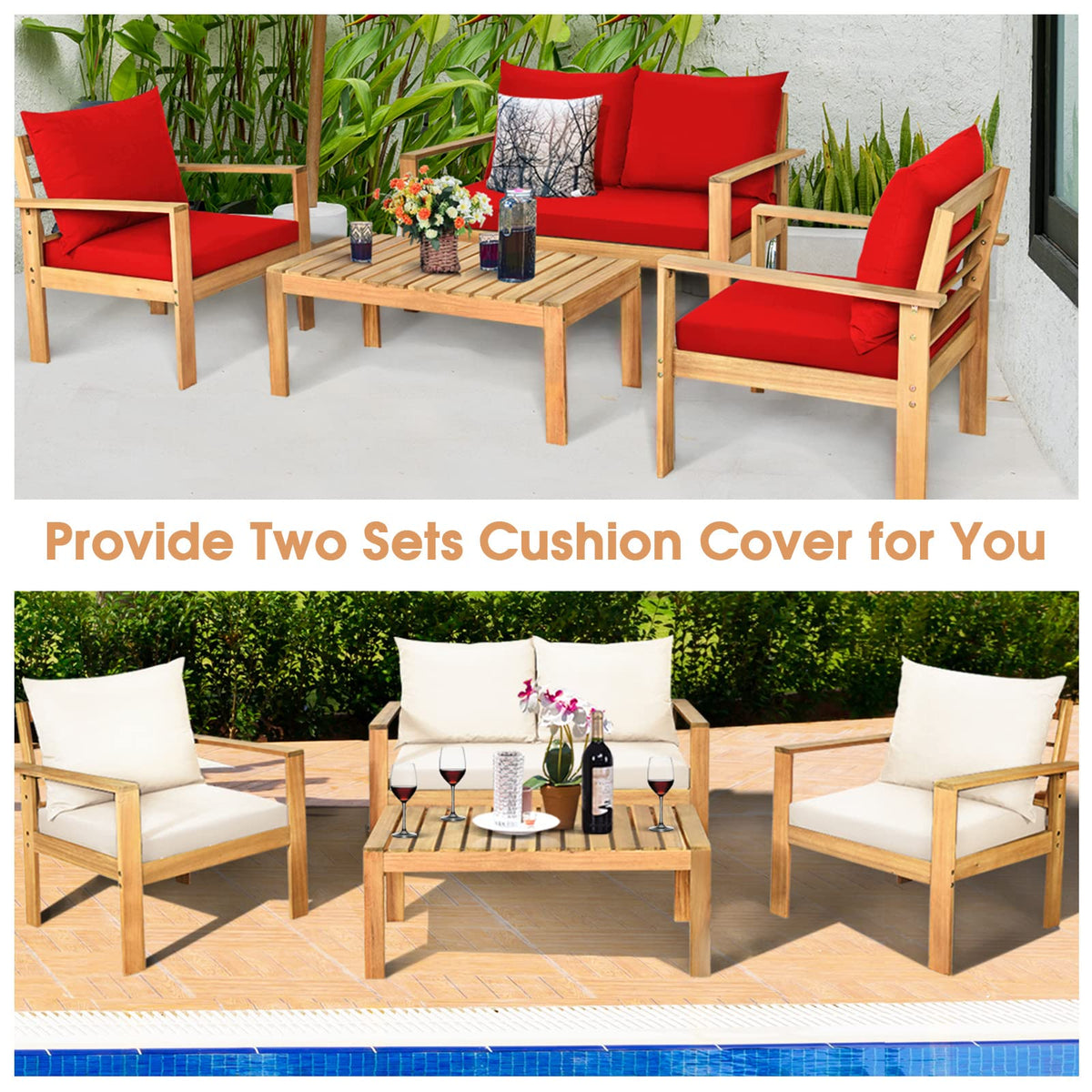 Tangkula Outdoor 4-Piece Acacia Wood Chat Set - HW64146WH-C+HW64146TU+