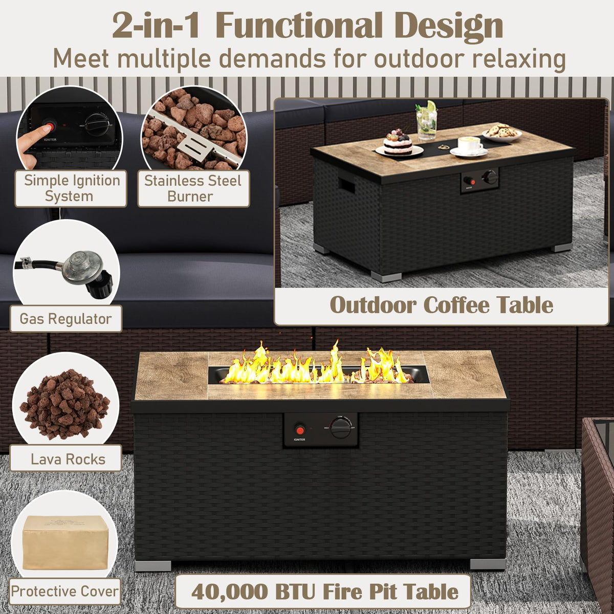 Tangkula 12 Pieces Patio Furniture Set with 32” Fire Pit Table and Propane Tank Cover - NP10261BK+HW71507DKA+