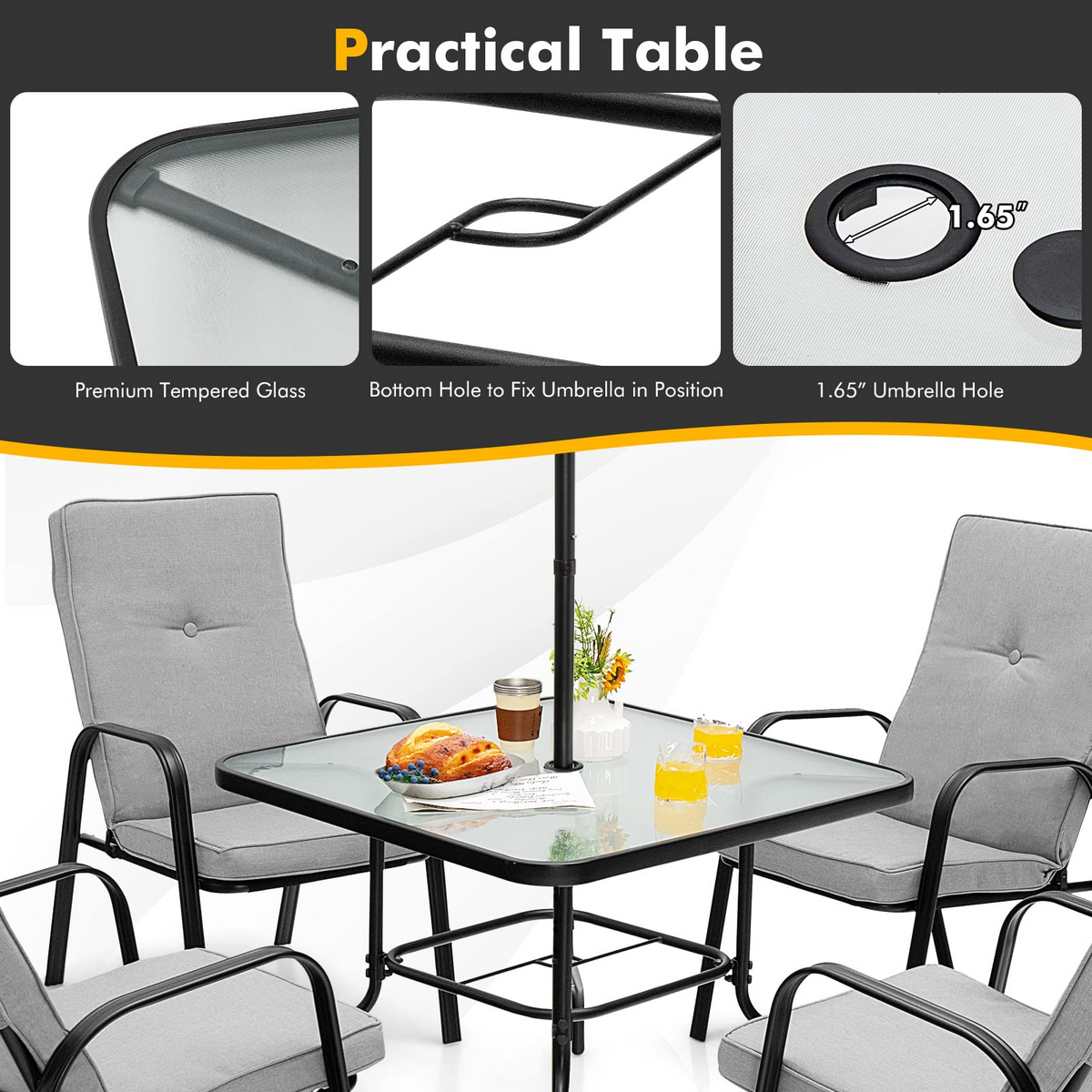 Tangkula 5 Piece Patio Dining Set, Outdoor 35 Inches Square Tempered Glass Table - NP10405-13+NP10405-23