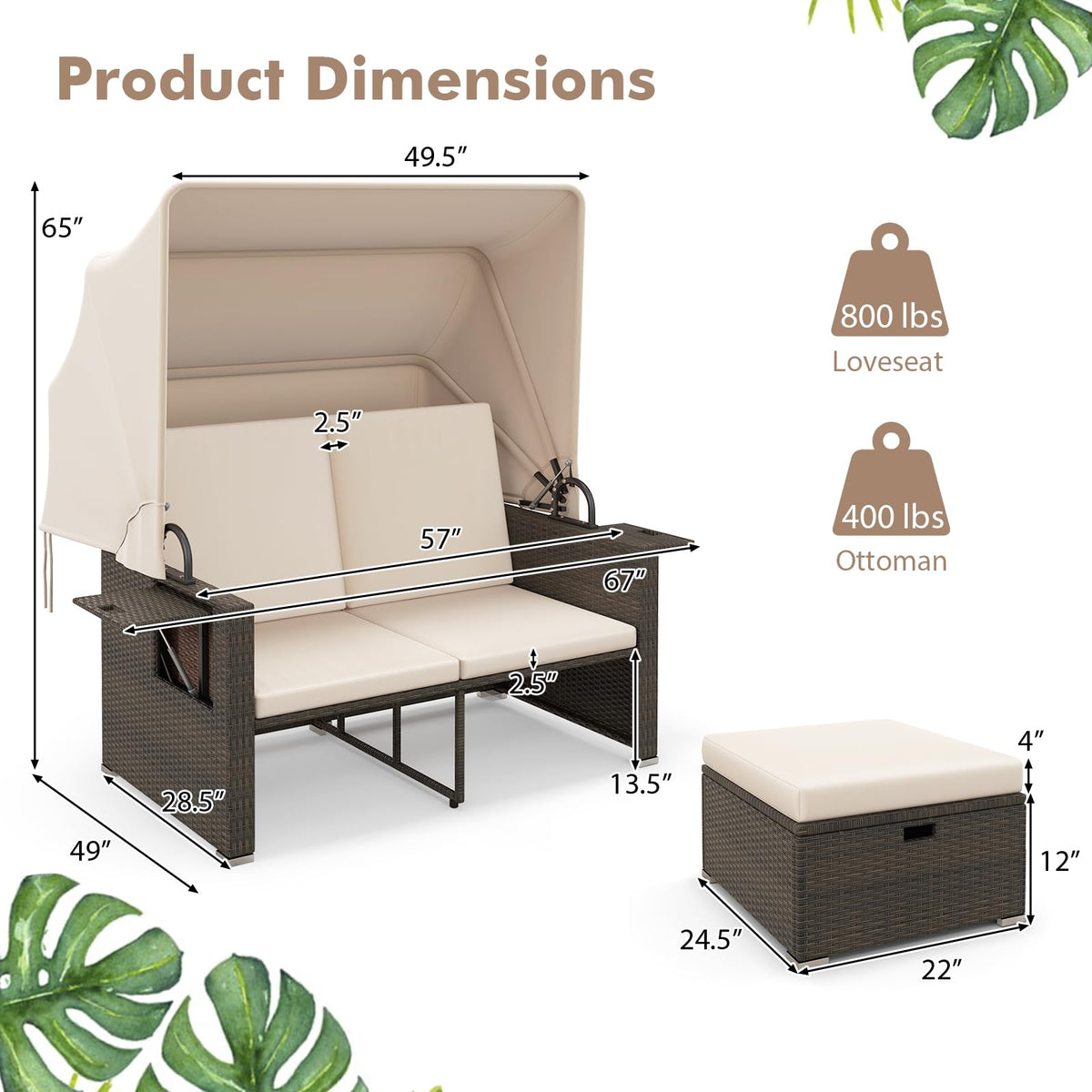 Tangkula Outdoor Patio Rattan Daybed w/Retractable Canopy & Adjustable Backrests - HW72573BN+