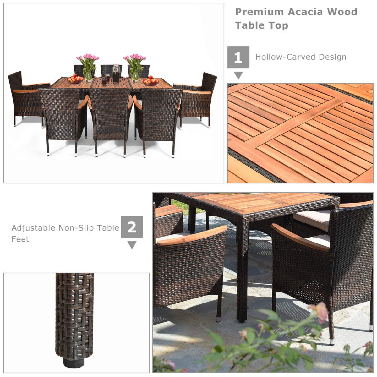 Tangkula 9 Piece Outdoor Dining Set, Garden Patio Wicker Set w/Cushions - HW63205+