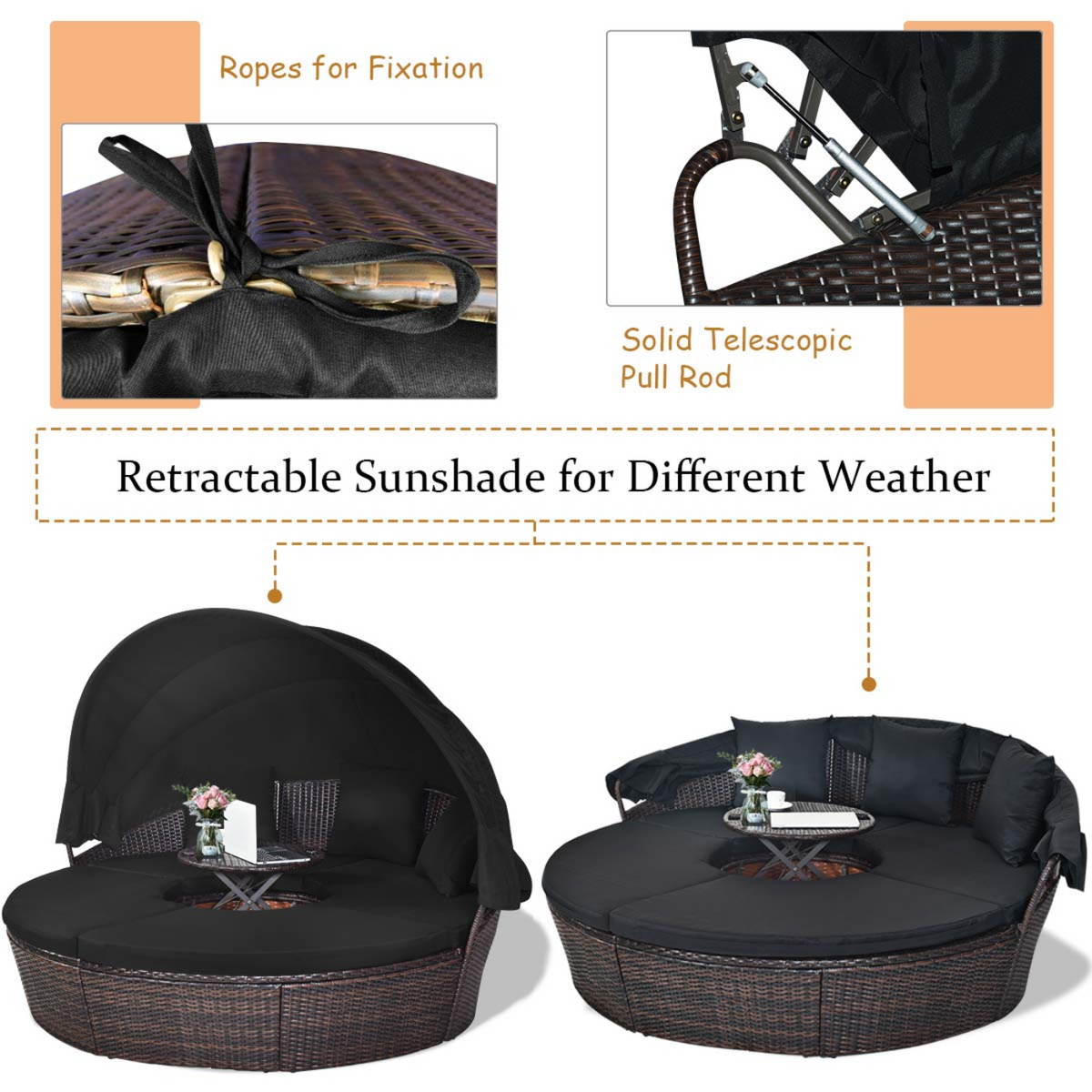 Tangkula Patio Round Daybed with Retractable Canopy, Outdoor Wicker Rattan Furniture Sets - HW63763+