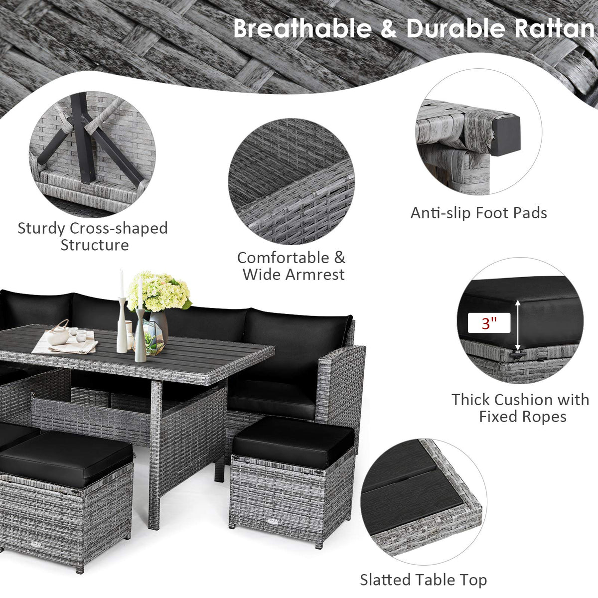 Tangkula 7 Pieces Patio Furniture Set, Outdoor Sectional Rattan Sofa Set with Cushions - HW67190BK+