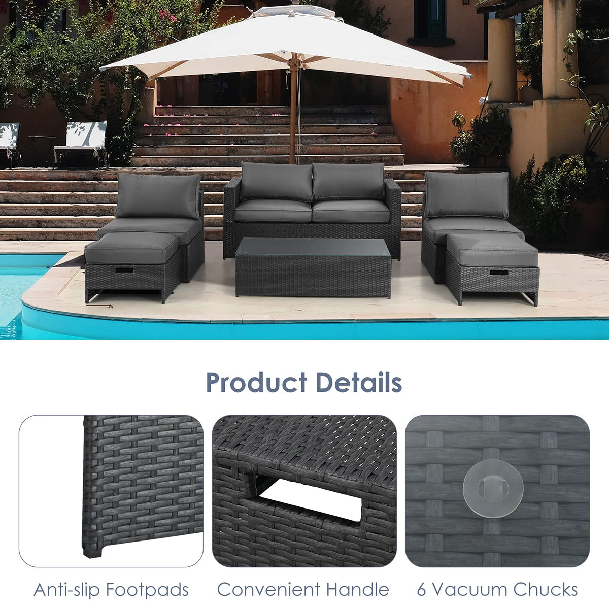 Tangkula 6 Pieces Patio Rattan Furniture Set, Patiojoy No Assembly Outdoor Conversation Set - NP10110WL-GR