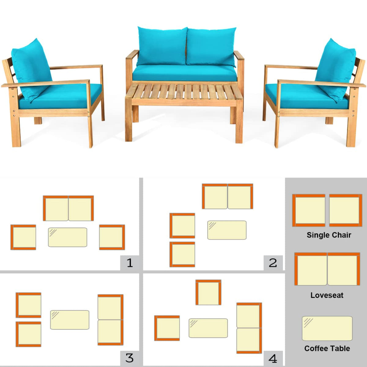 Tangkula Outdoor 4-Piece Acacia Wood Chat Set - HW64146WH-C+HW64146TU+
