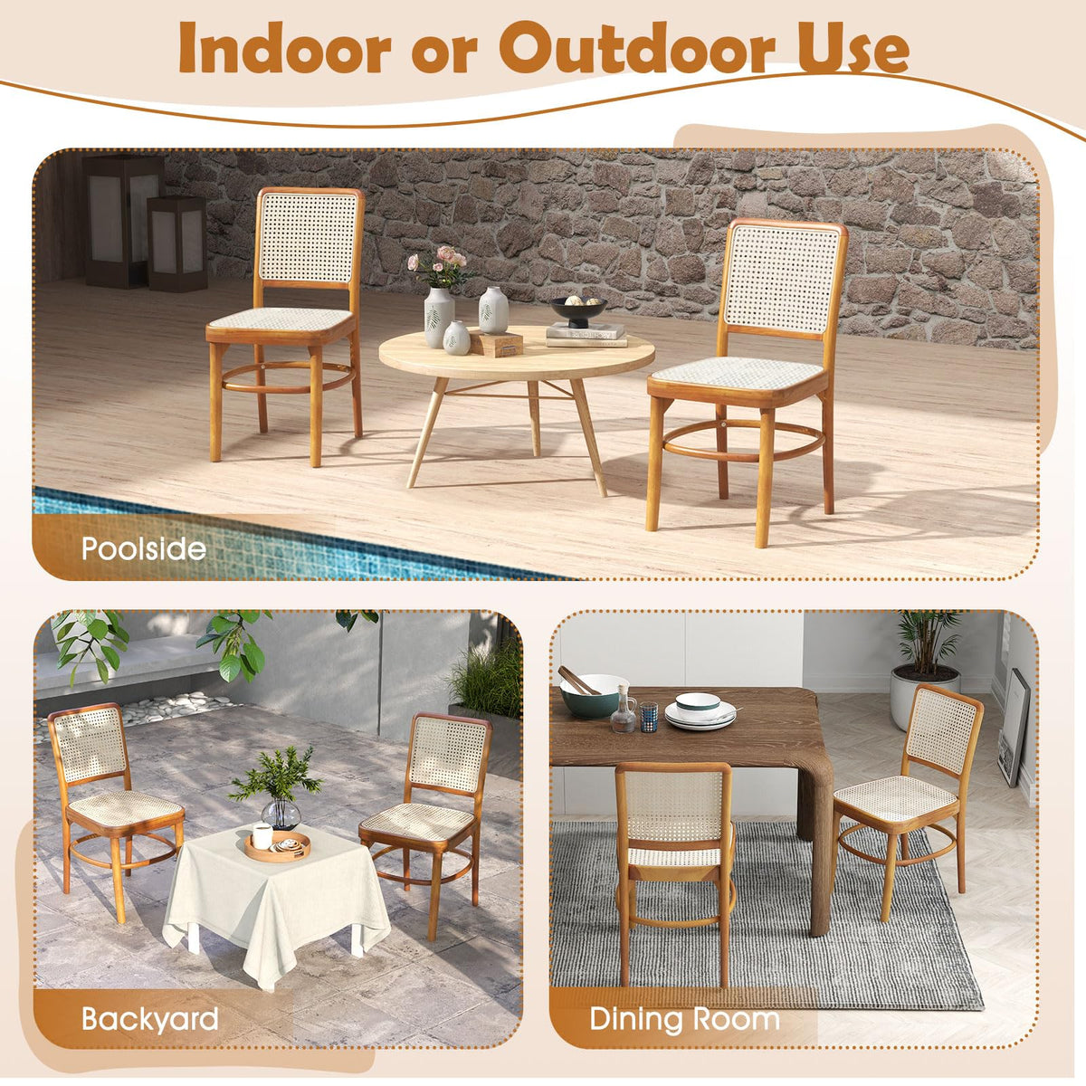 Tangkula Boho Dining Chairs, Natural Rattan Living Room Chairs with Teak Wood Structure & Footrests - JV11895