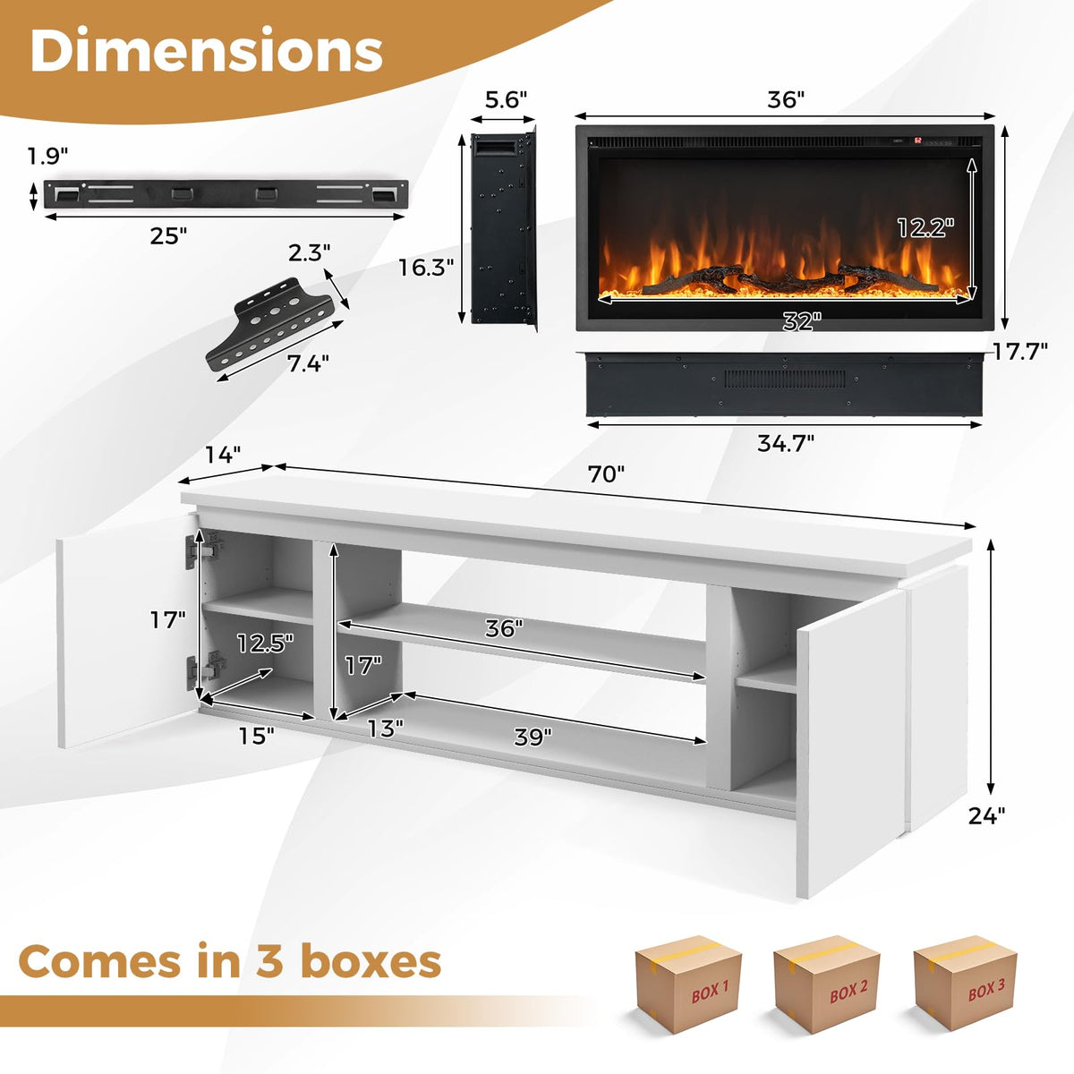 Tangkula Fireplace TV Stand for TVs up to 80" - FP10530US-36+HV10611WH+