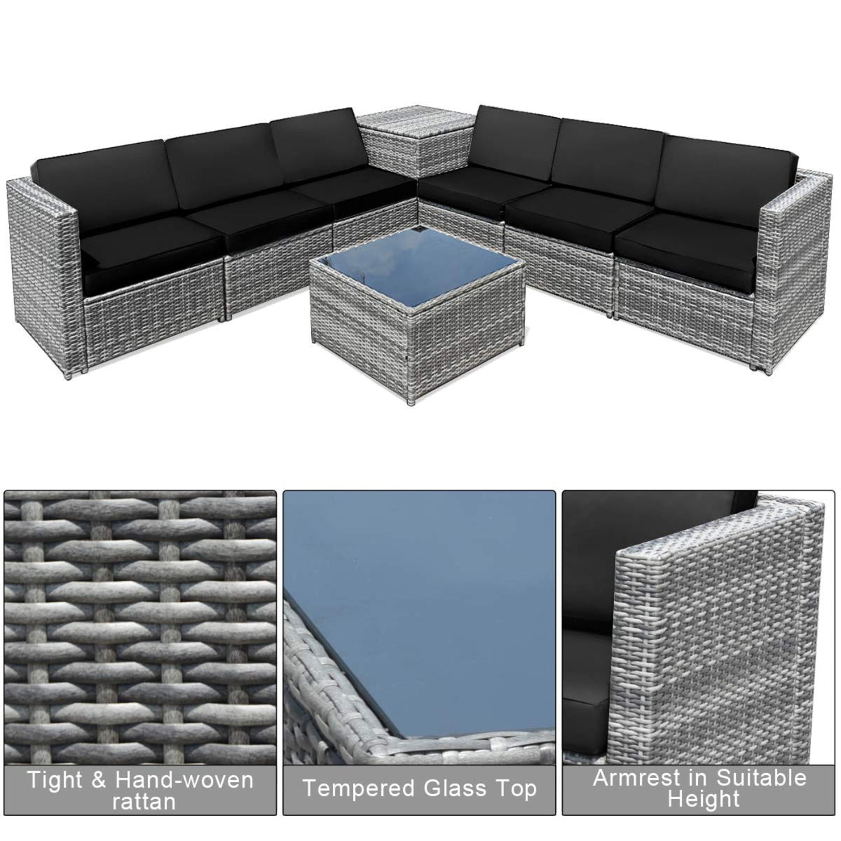 Tangkula 8 PCS Outdoor Patio Furniture Set, Rattan Wicker Sofa Set - HW65782BK+