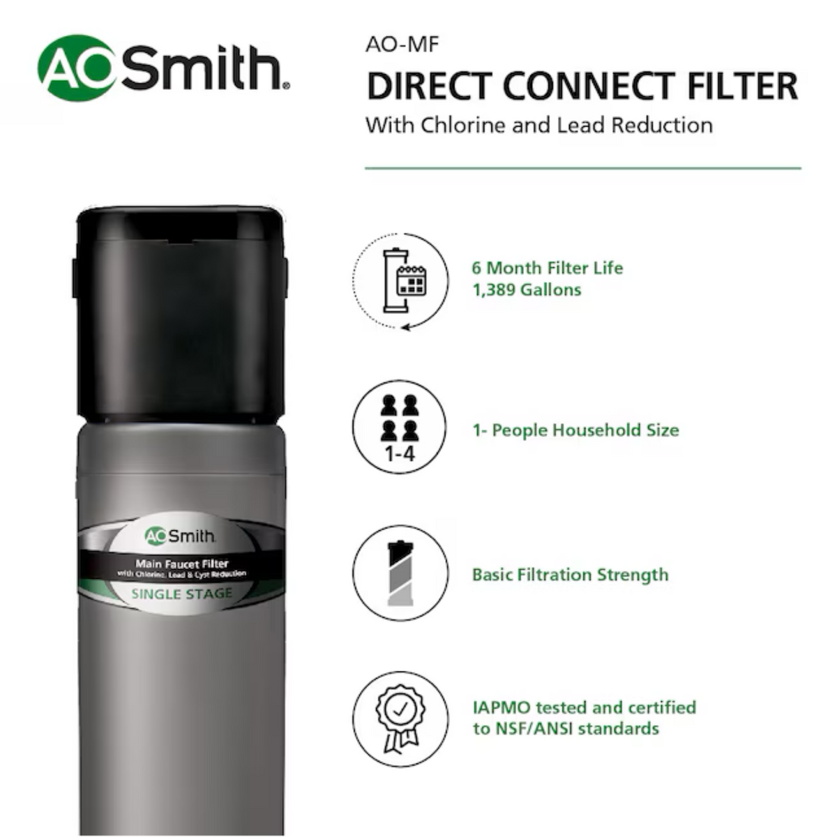 A.O. Smith Direct Connect Single-stage Carbon Block Under Sink Water Filtration System - Item # 12231963 | Model # AO-MF